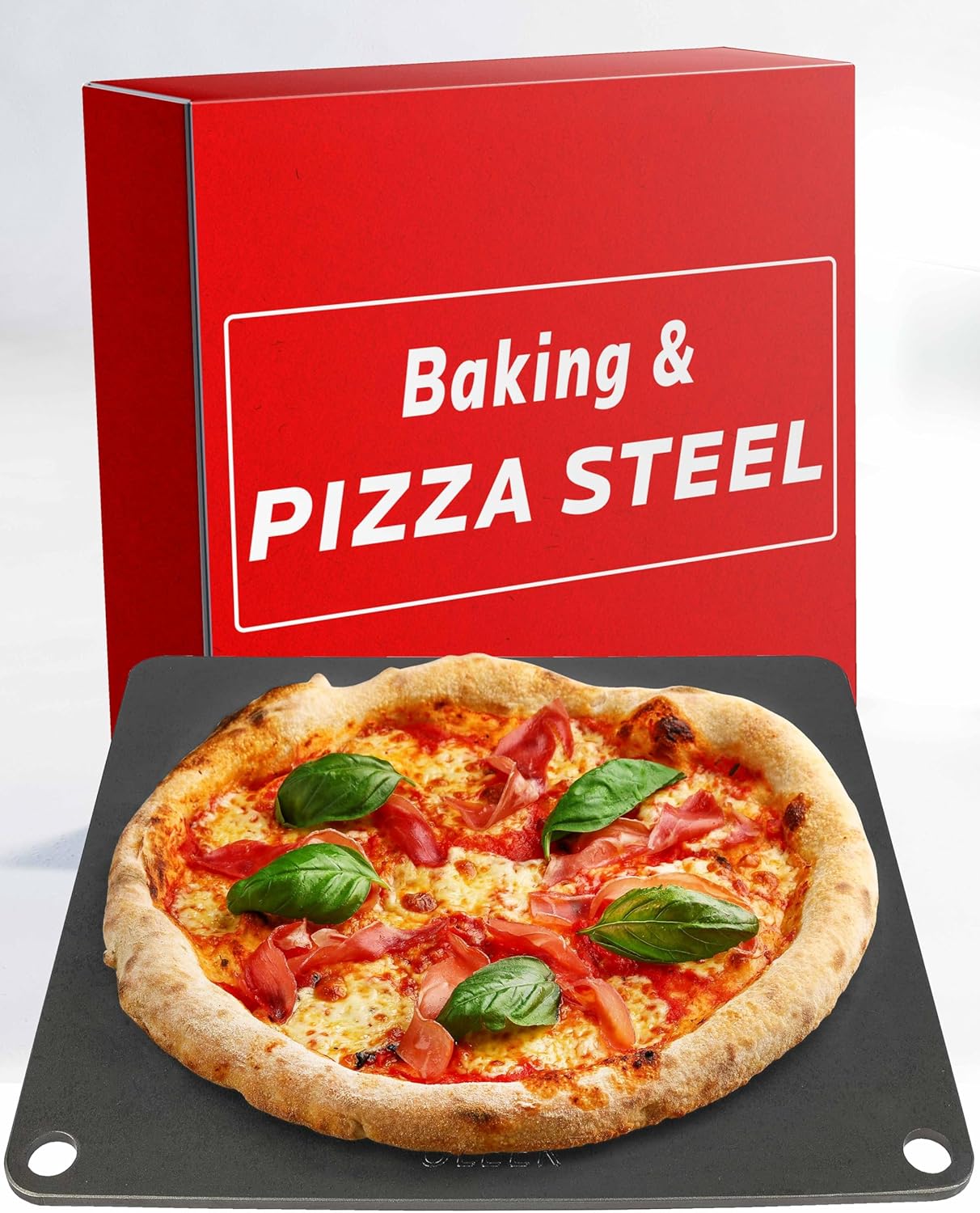 OLEEK Pizza Steel with a freshly baked pizza